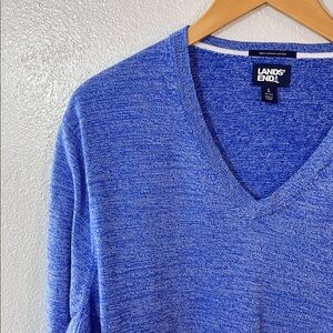 Lands End Cotton Sweater Large Blue V Neck Long Sleeve Knit Casual Classic Layer